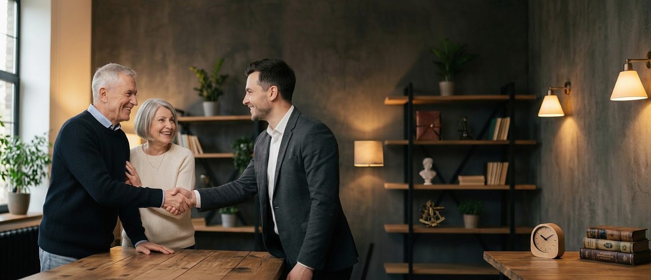 An advisor shakes hands with a smiling couple in a warm office